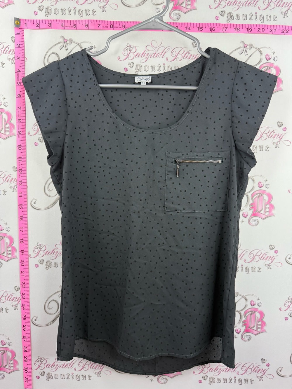Kismet shirt dotted black Charcoal Polka Dot Sleeve Blouse with Zip Pocket